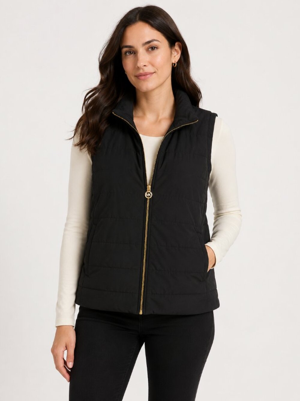 Michael Kors Black Quilted Puffer Vest Gold Logo Zip Women’s